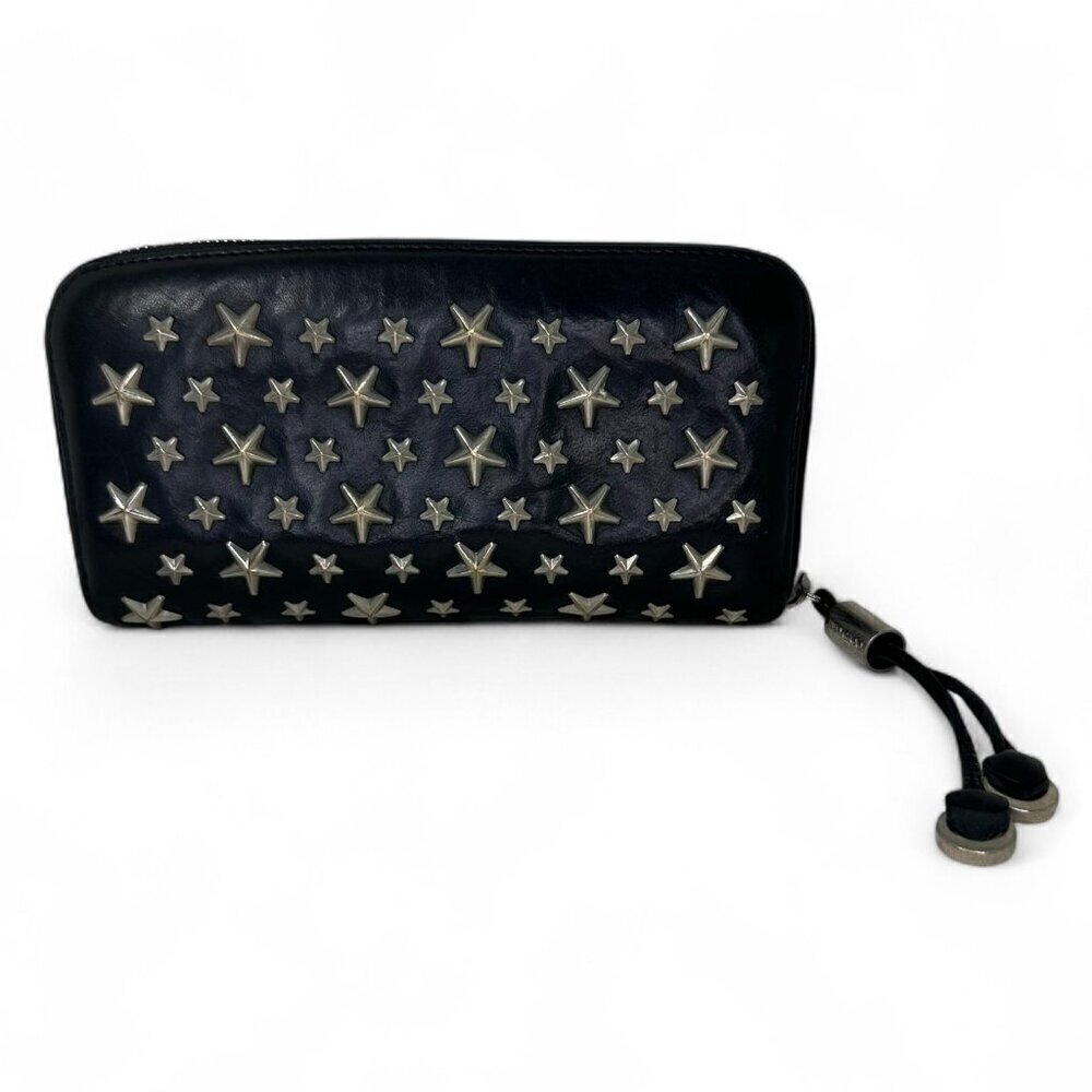 Jimmy Choo Long Black Leather Zippered Wallet, Silver Star Studs w/ Box - USED - Picture 2 of 15